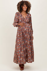 Mocha Floral Cinched Bust 3/4 Sleeve Maternity Maxi Dress