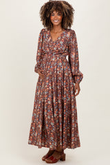 Mocha Floral Cinched Bust 3/4 Sleeve Maternity Maxi Dress