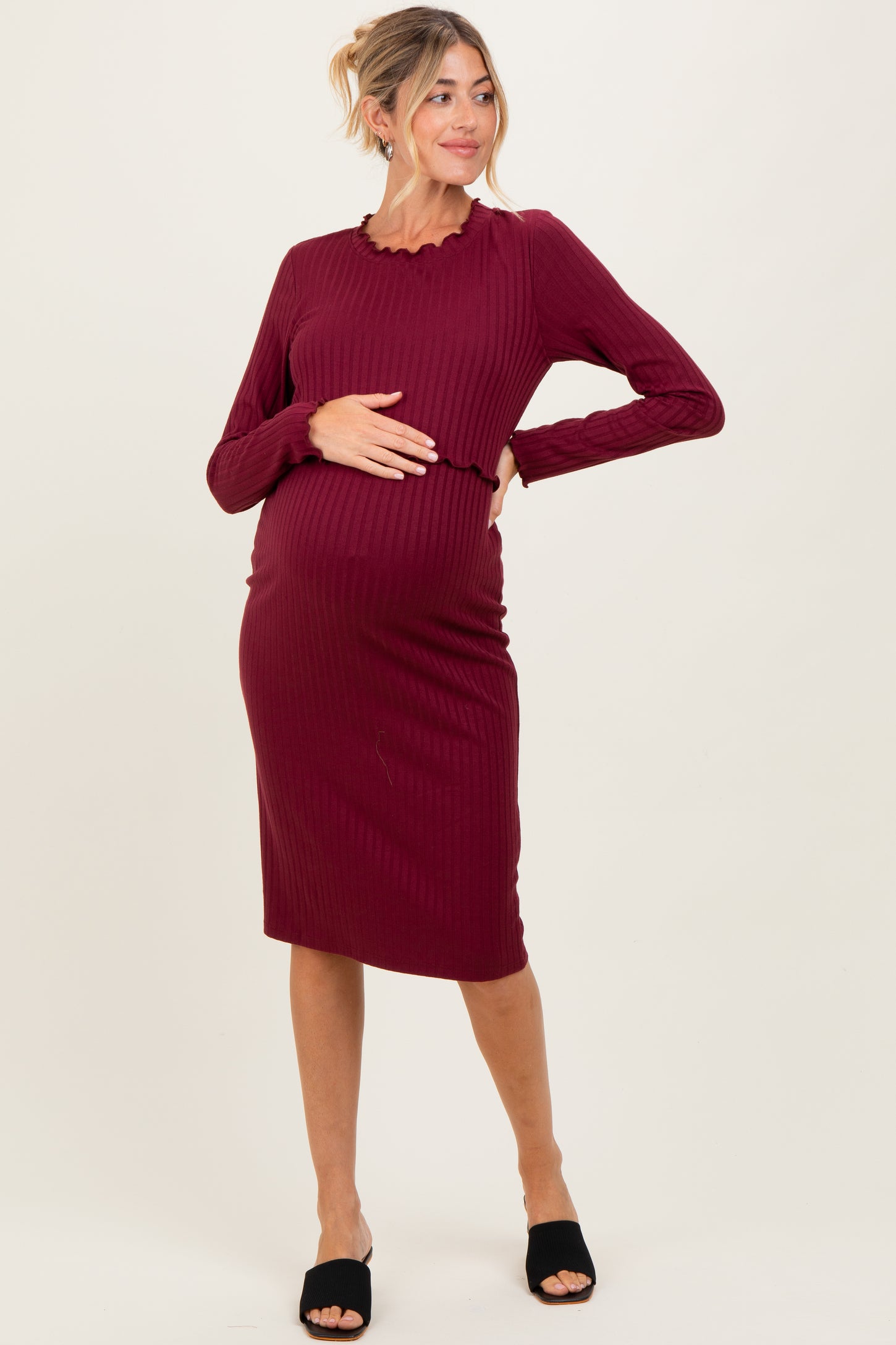 Burgundy Ribbed Knit Long Sleeve Nursing Maternity Dress