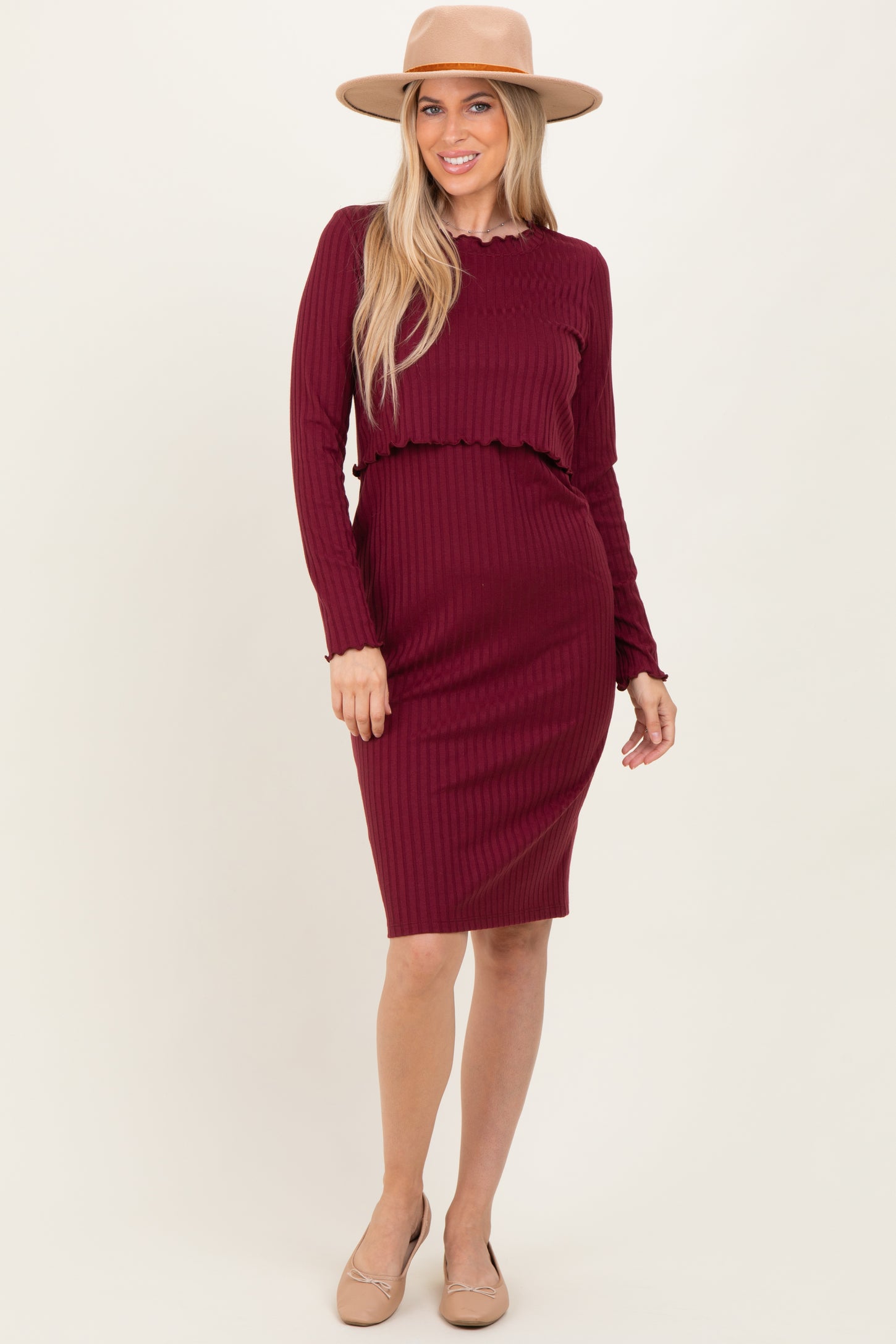 Burgundy Ribbed Knit Long Sleeve Nursing Maternity Dress