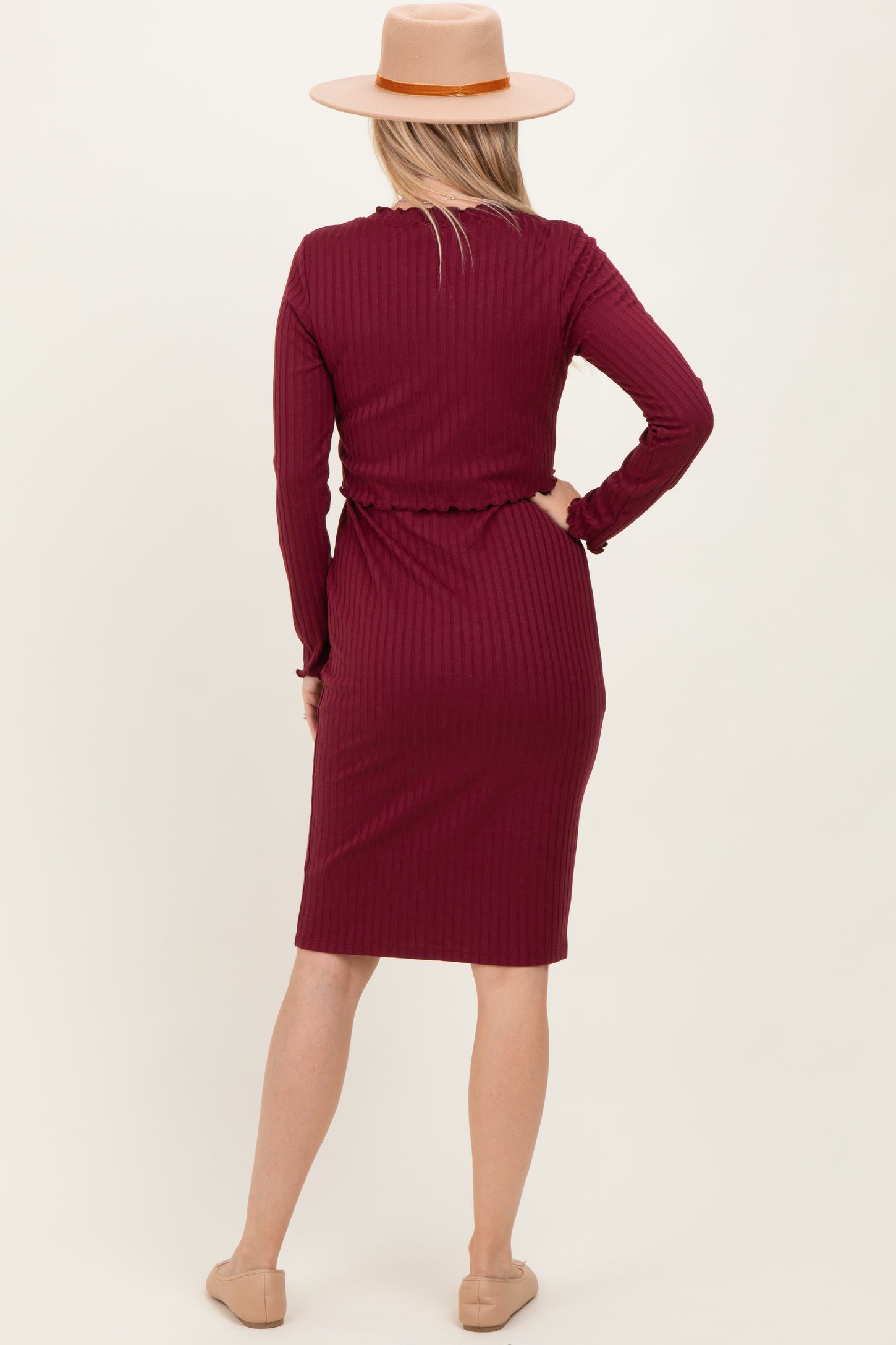 Burgundy Ribbed Knit Long Sleeve Nursing Dress Burgundy Ribbed Knit Long Sleeve Nursing Dress