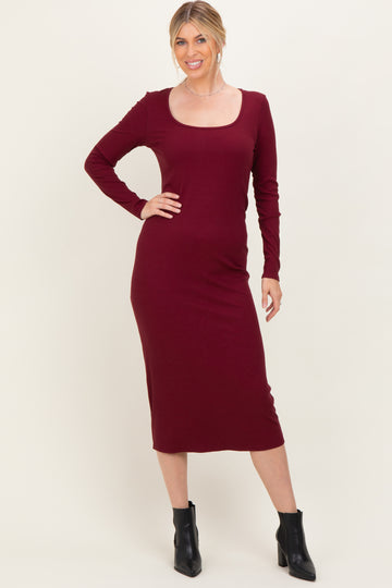 Burgundy Scoop Neck Long Sleeve Midi Dress