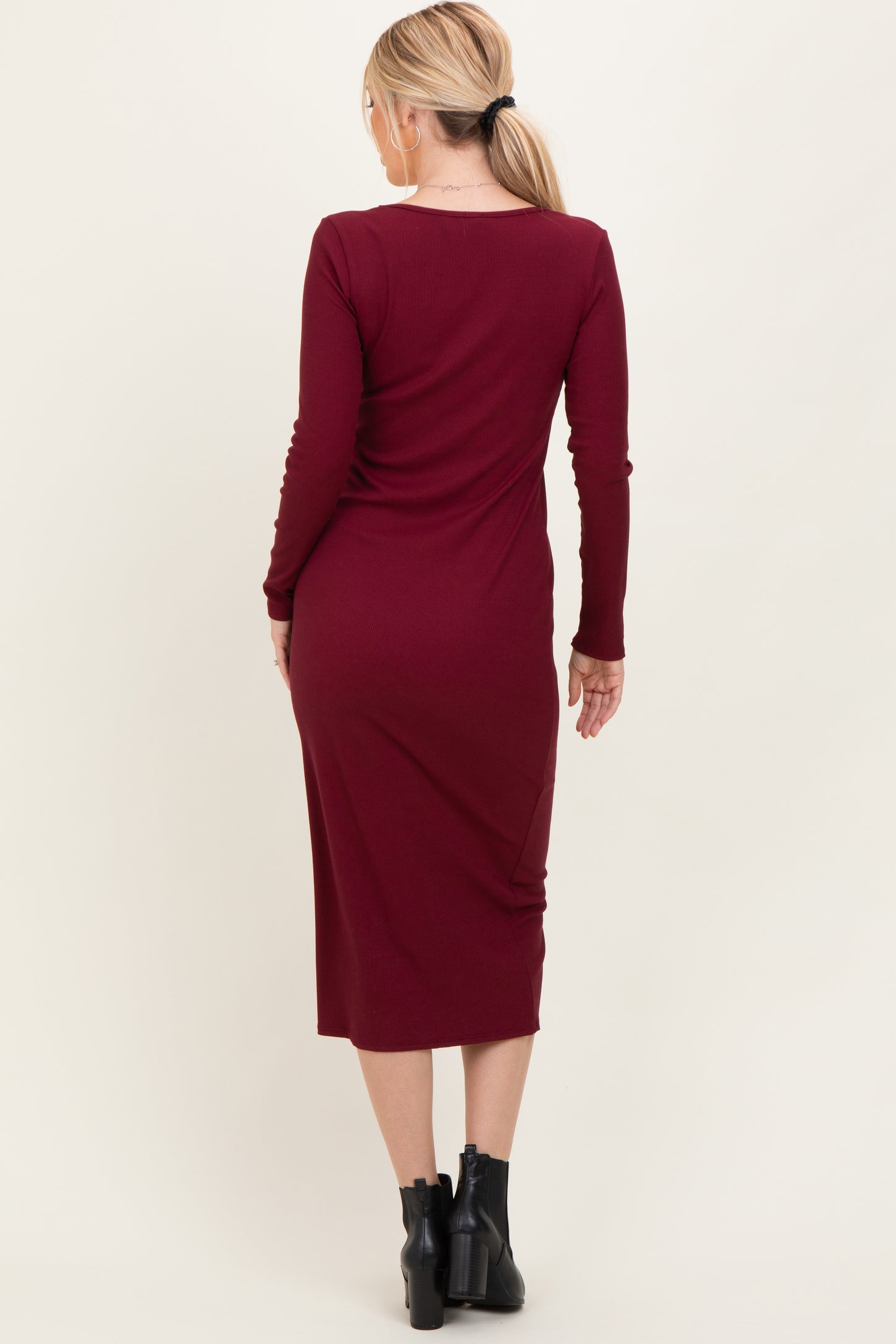 Burgundy Scoop Neck Long Sleeve Midi Dress