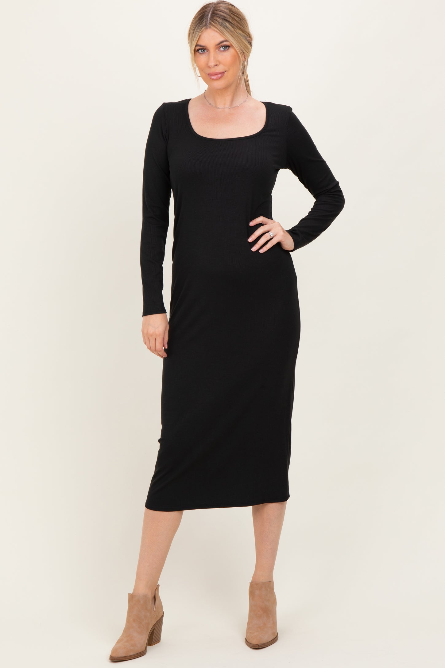 Black Scoop Neck Long Sleeve Midi Dress