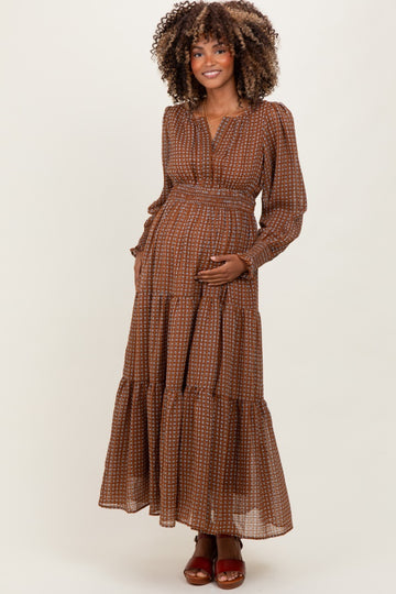 Mocha Printed Smocked Waist Tiered Maternity Maxi Dress