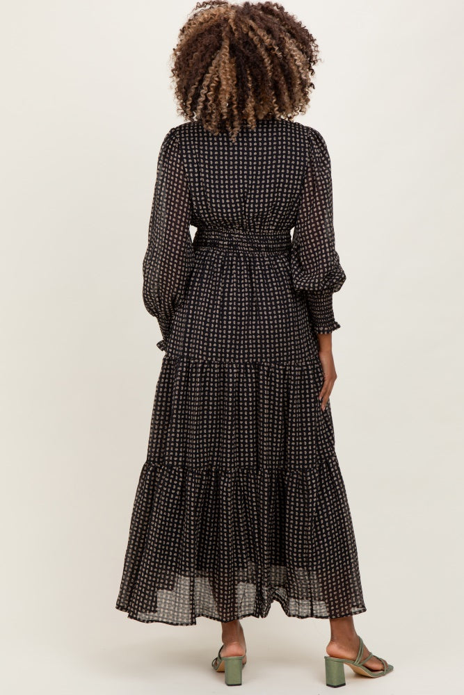 Black Printed Smocked Waist Tiered Maternity Maxi Dress