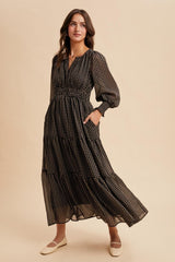 Black Printed Smocked Waist Tiered Maxi Dress