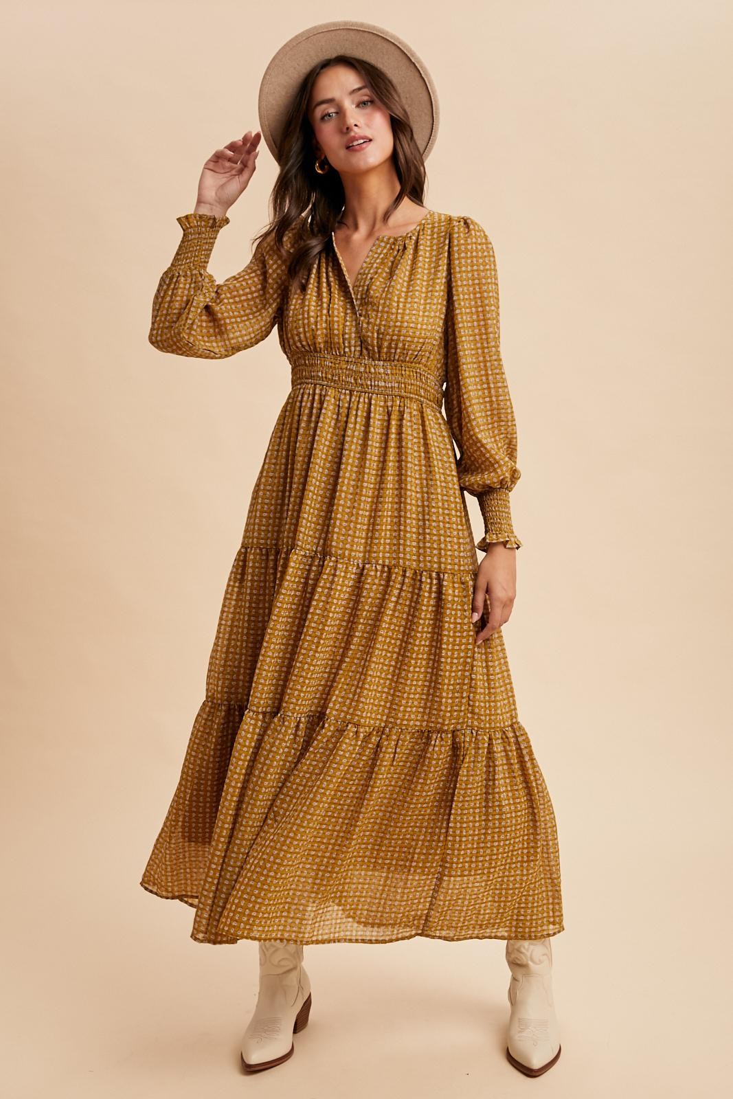 yellow tiered maxi dress Rhema with Lace Trim The gown is finished with a relaxed fit Hopeful Tiered Layered Maxi Dress