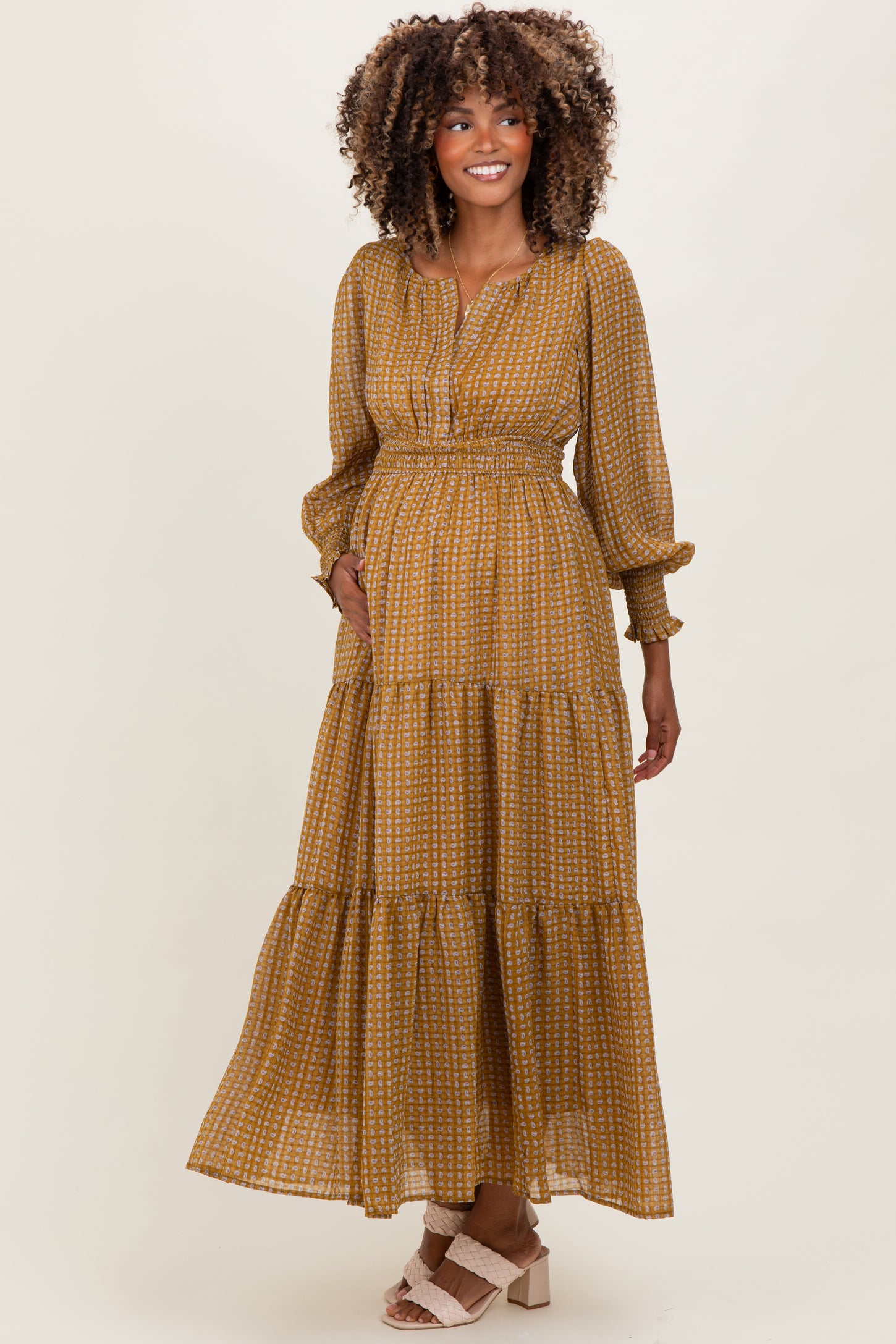 Yellow Printed Smocked Waist Tiered Maternity Maxi Dress