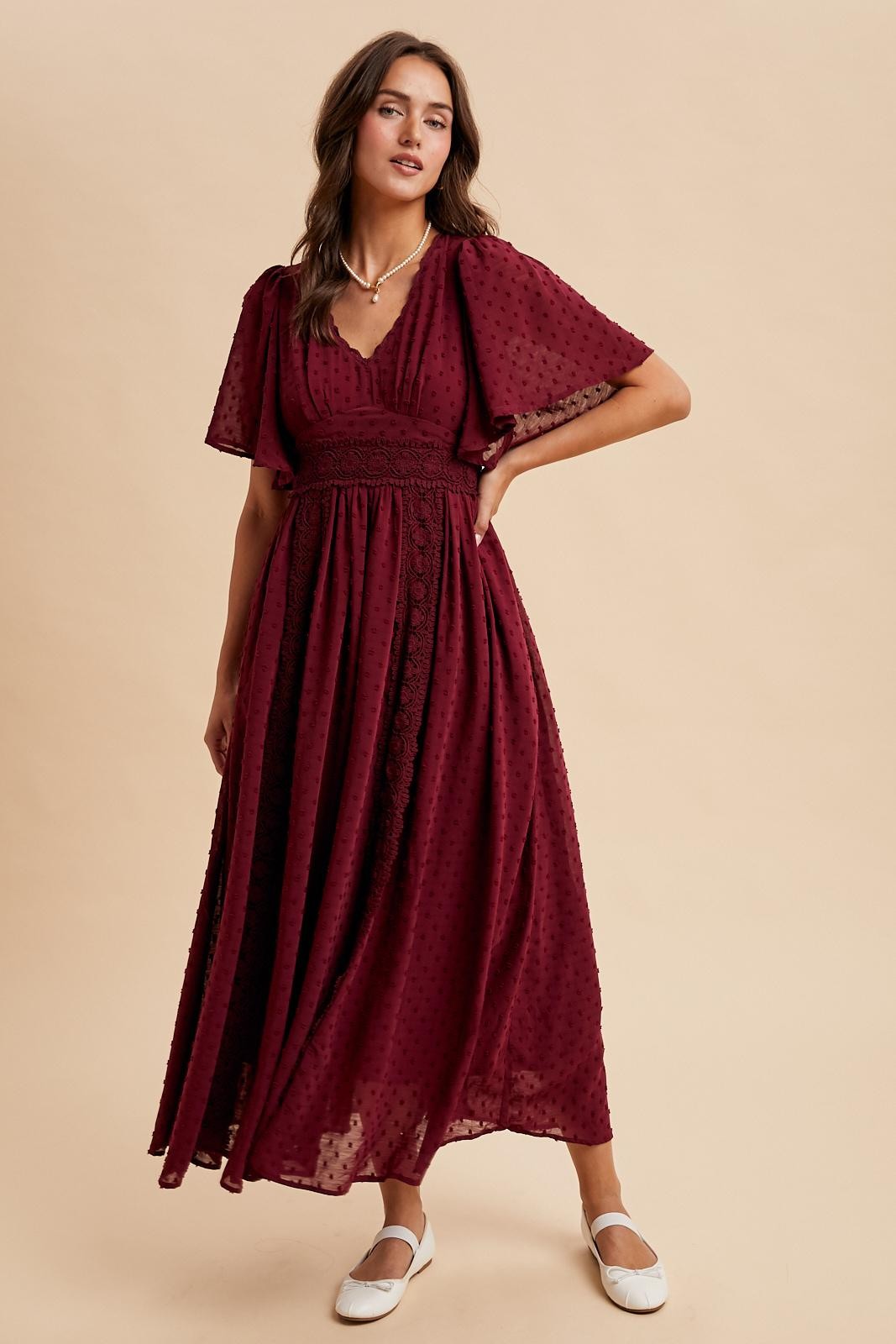 Burgundy Swiss Dot Crochet Lace Accent Maternity Maxi Dress PinkBlush Burgundy Swiss Dot Crochet Lace Accent Maternity Maxi Dress PinkBlush