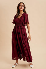 Burgundy Swiss Dot Crochet Lace Accent Maxi Dress