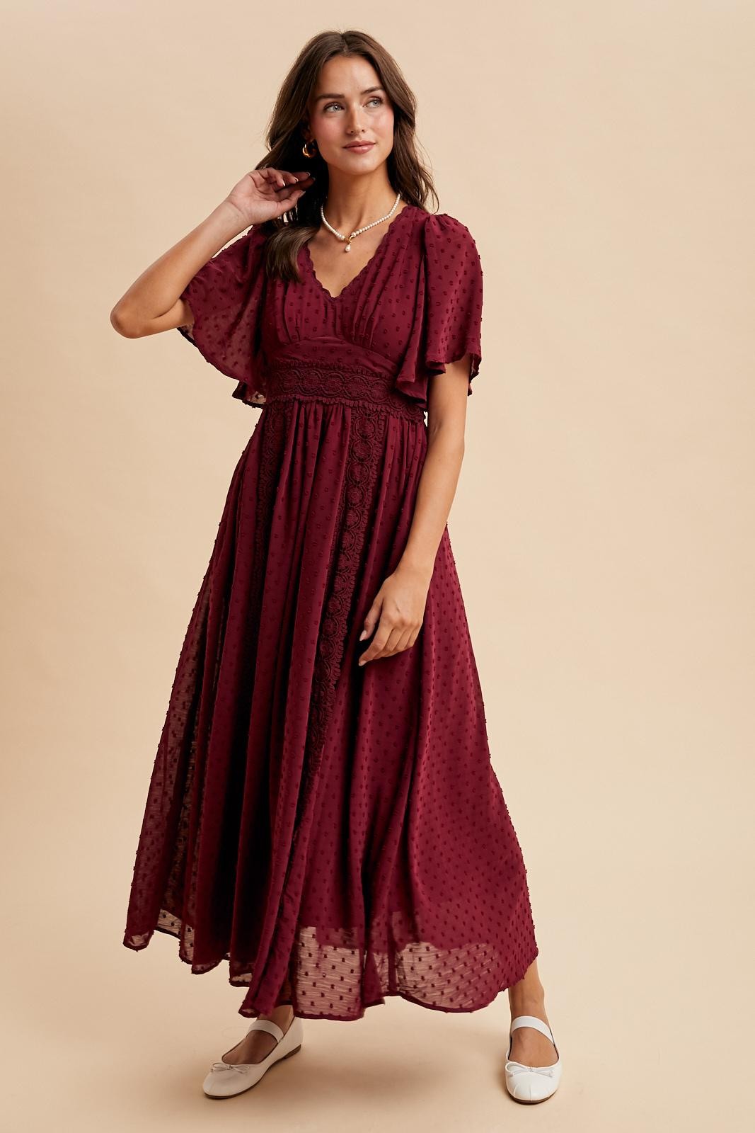 Burgundy Swiss Dot Crochet Lace Accent Maxi Dress – PinkBlush