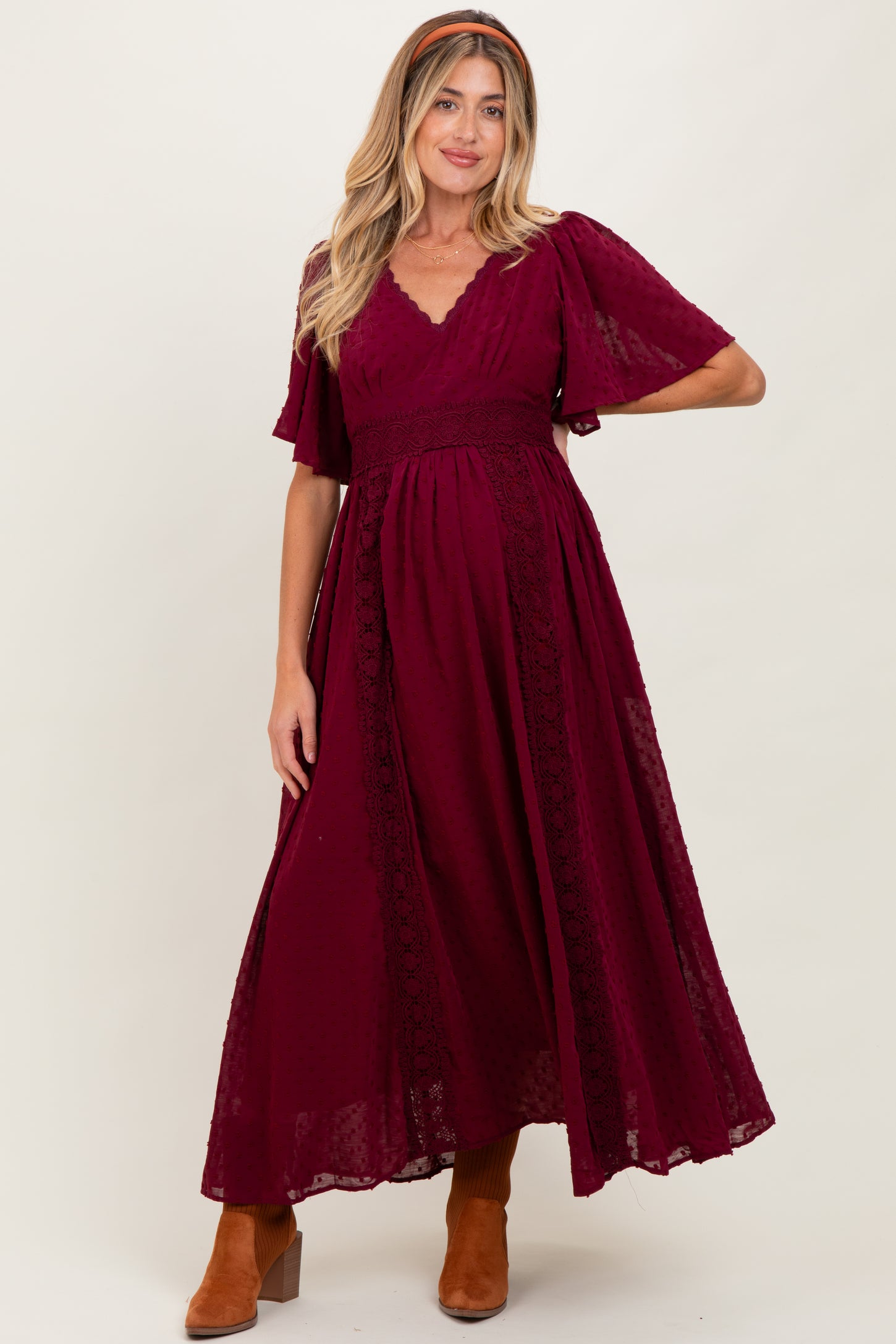 Burgundy Swiss Dot Crochet Lace Accent Maternity Maxi Dress Burgundy Swiss Dot Crochet Lace Accent Maternity Maxi Dress