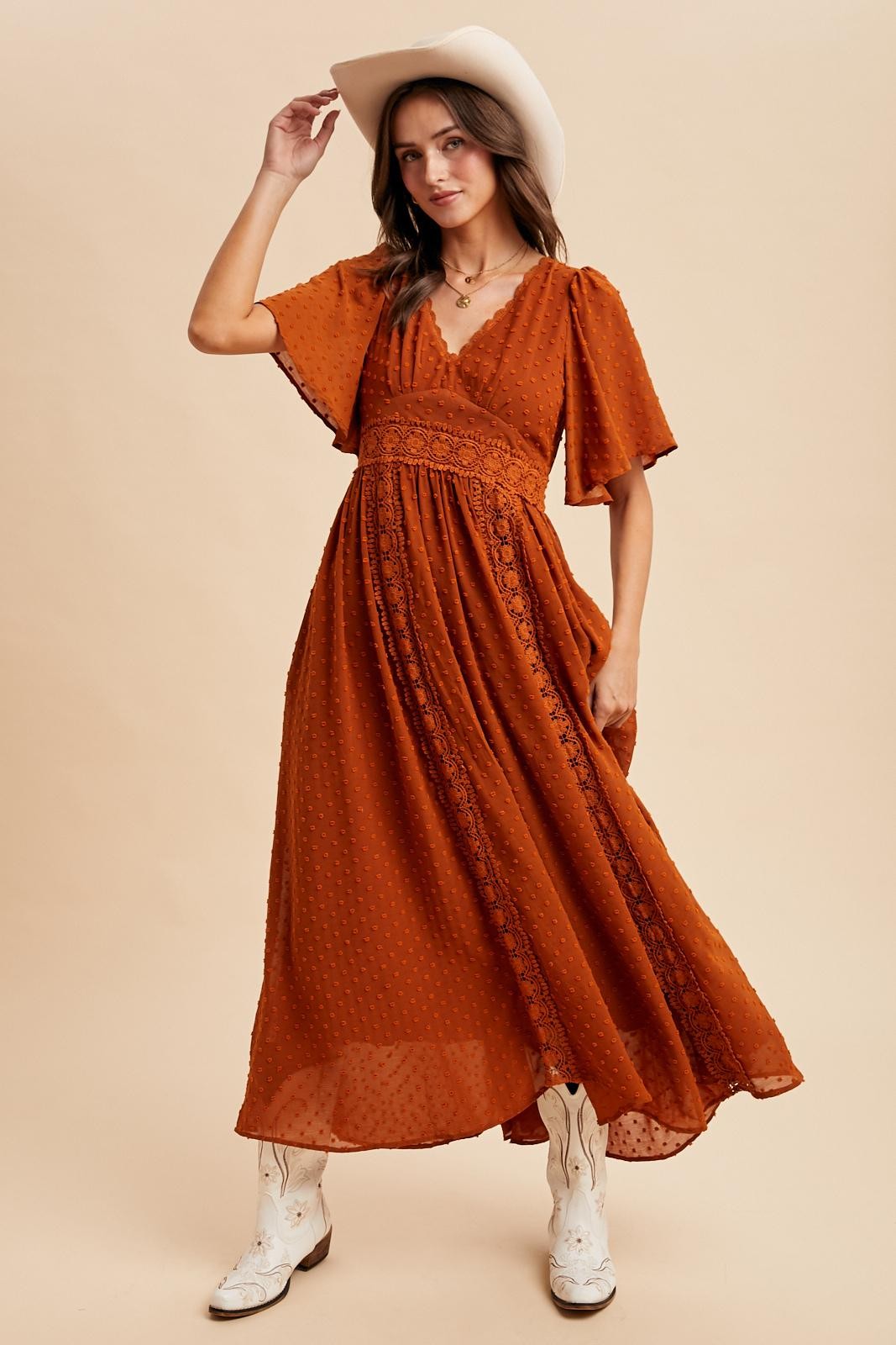 Rust Swiss Dot Crochet Lace Accent Maxi Dress