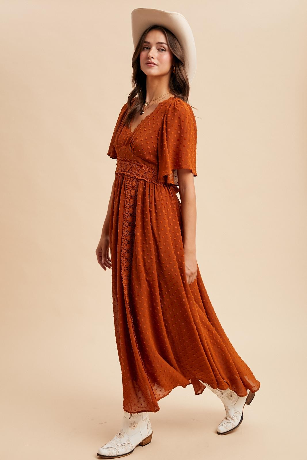 Rust Swiss Dot Crochet Lace Accent Maxi Dress PinkBlush Rust Swiss Dot Crochet Lace Accent Maxi Dress PinkBlush