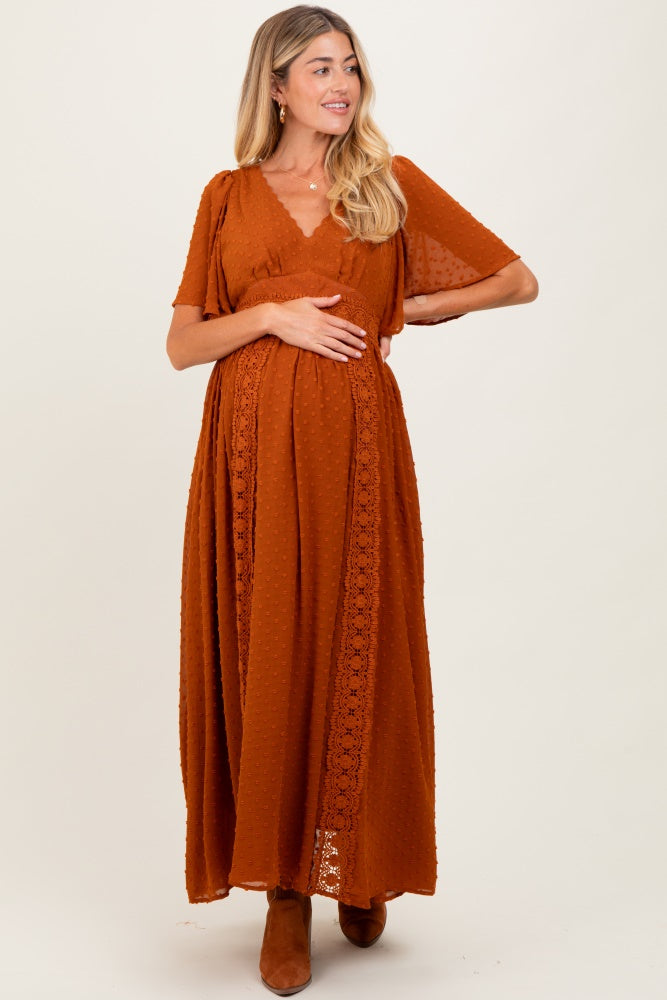 Rust Swiss Dot Crochet Lace Accent Maternity Maxi Dress PinkBlush Rust Swiss Dot Crochet Lace Accent Maternity Maxi Dress PinkBlush