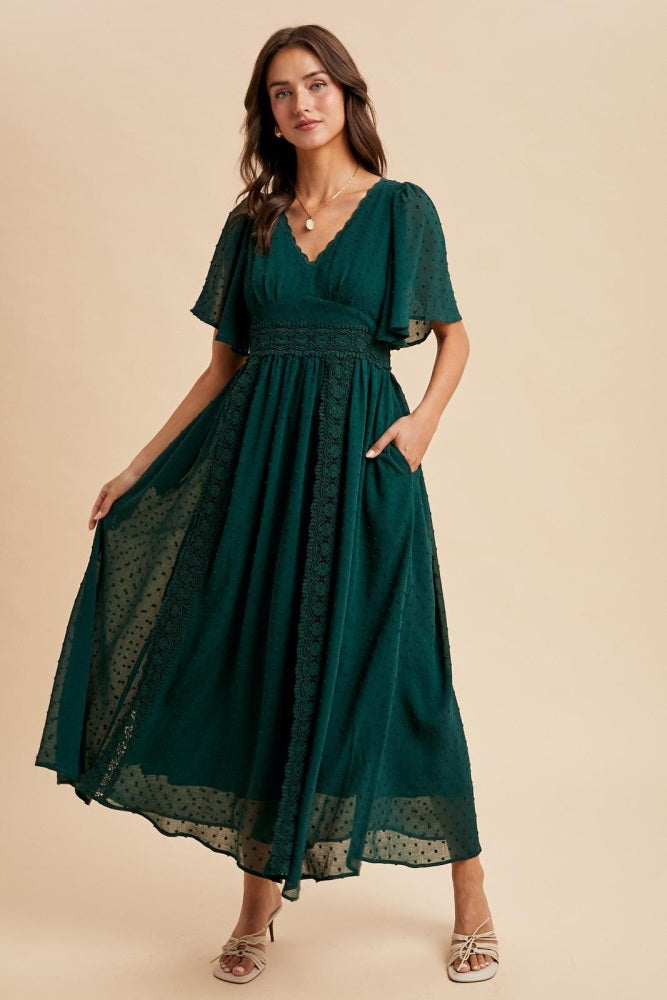green crochet lace dress Forest Green Swiss Dot Crochet Lace Accent Maxi Dress