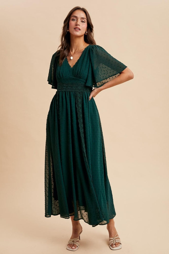 Forest Green Swiss Dot Crochet Lace Accent Maxi Dress
