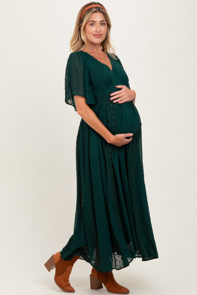 Forest Green Swiss Dot Crochet Lace Accent Maternity Maxi Dress