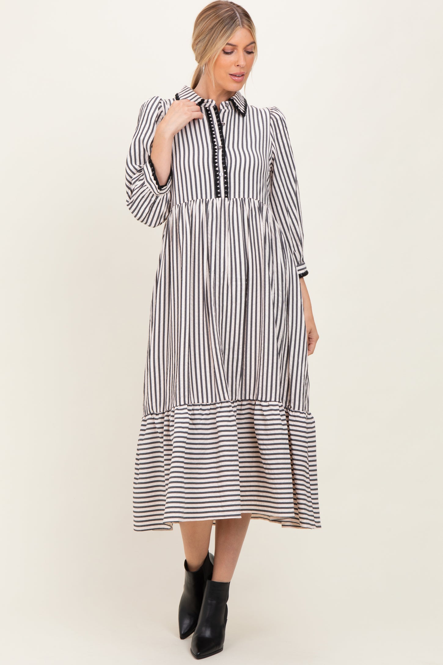 Black Striped Scallop Trim 3/4 Sleeve Midi Dress