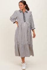 Black Striped Scallop Trim 3/4 Sleeve Maternity Midi Dress