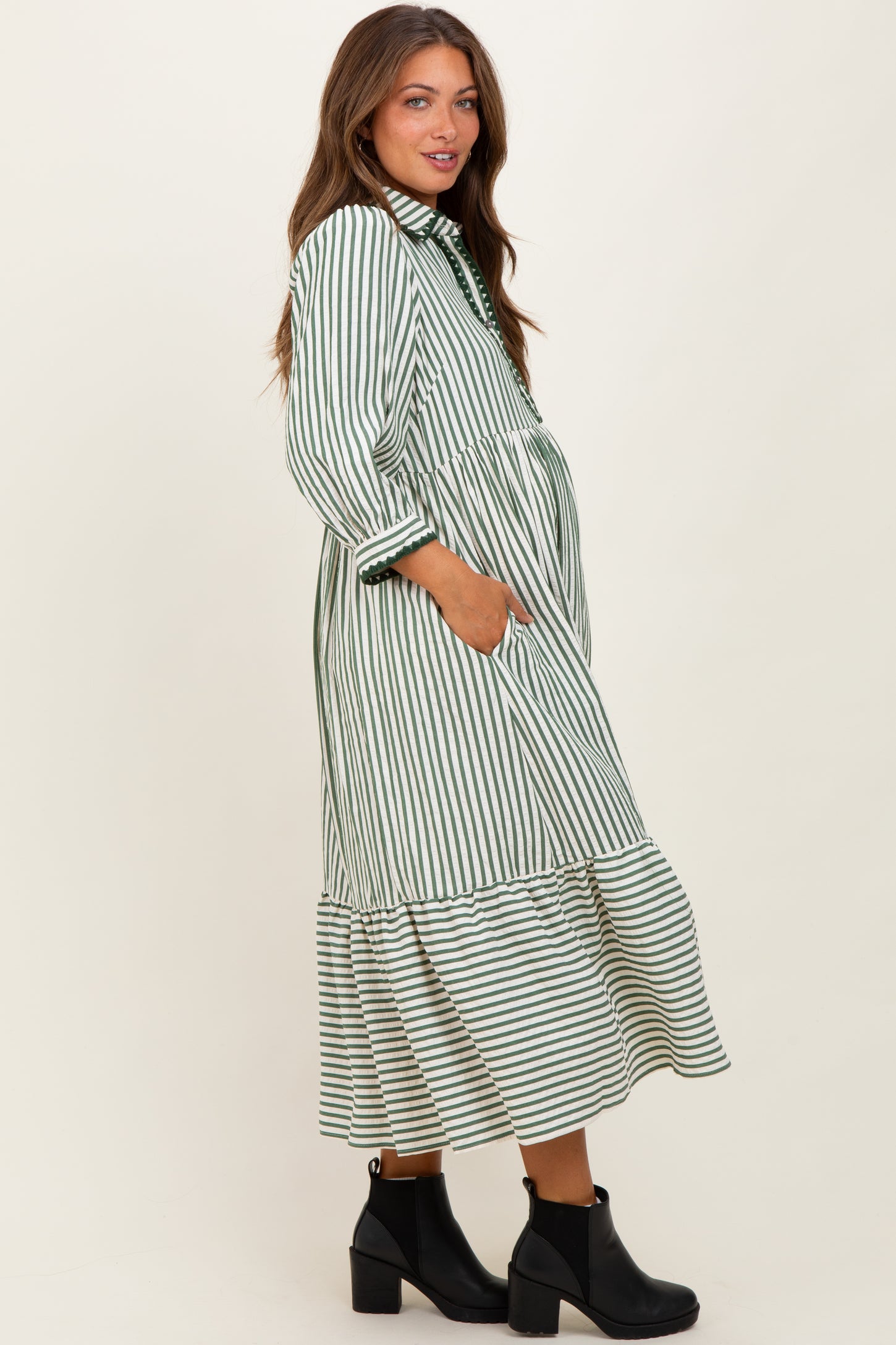 Green Striped Scallop Trim 3/4 Sleeve Maternity Midi Dress