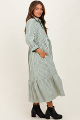 Green Striped Scallop Trim 3/4 Sleeve Maternity Midi Dress