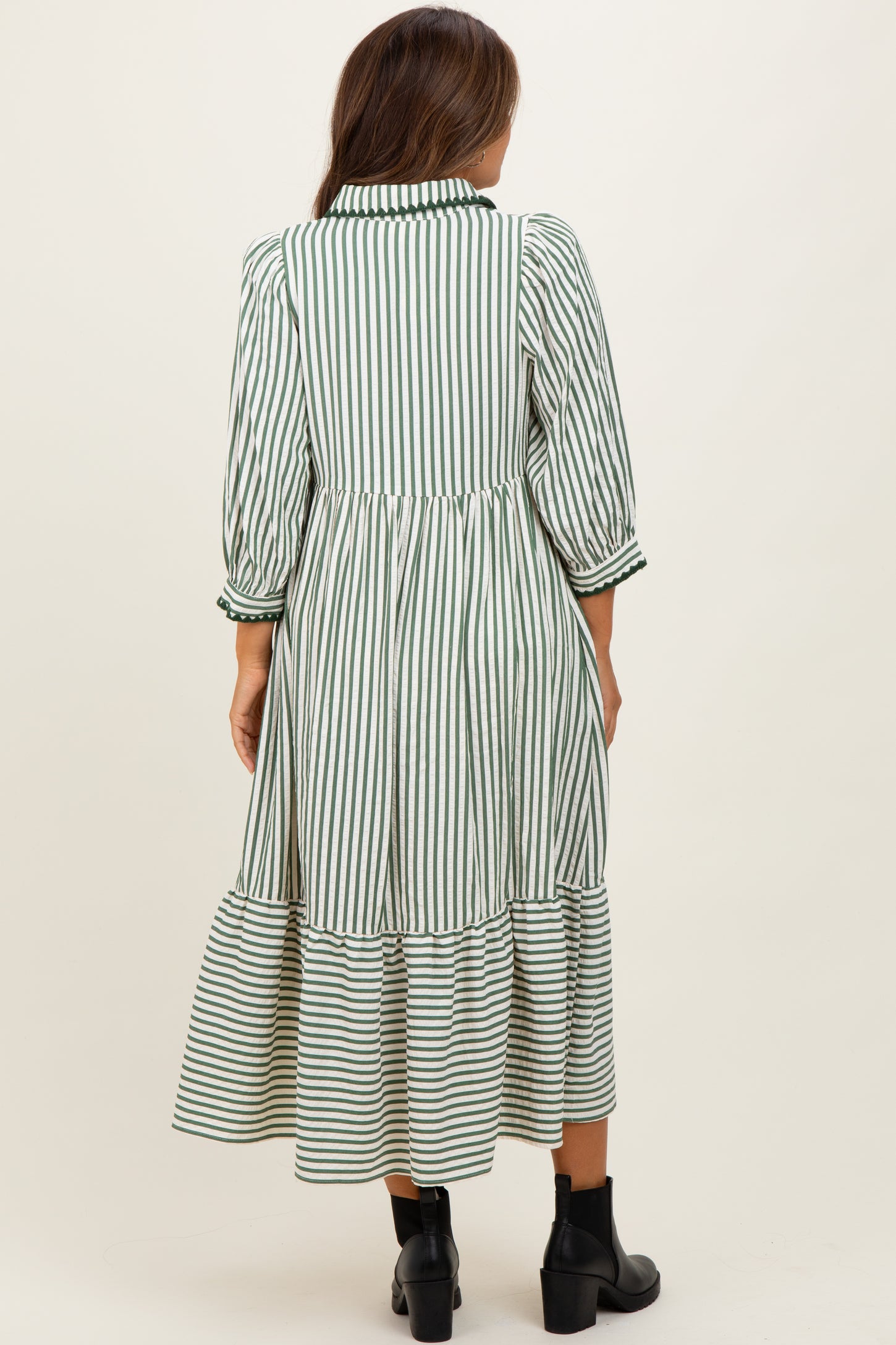 Green Striped Scallop Trim 3/4 Sleeve Maternity Midi Dress