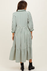 Green Striped Scallop Trim 3/4 Sleeve Maternity Midi Dress