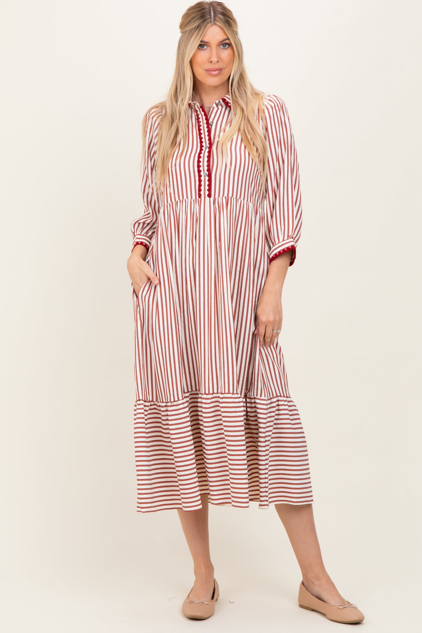 Rust Striped Scallop Trim 3/4 Sleeve Midi Dress