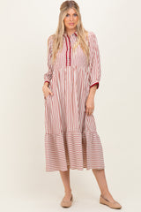 Rust Striped Scallop Trim 3/4 Sleeve Maternity Midi Dress