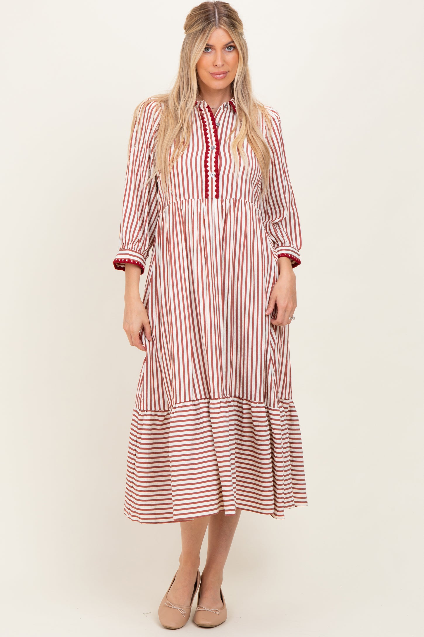 Rust Striped Scallop Trim 3/4 Sleeve Midi Dress