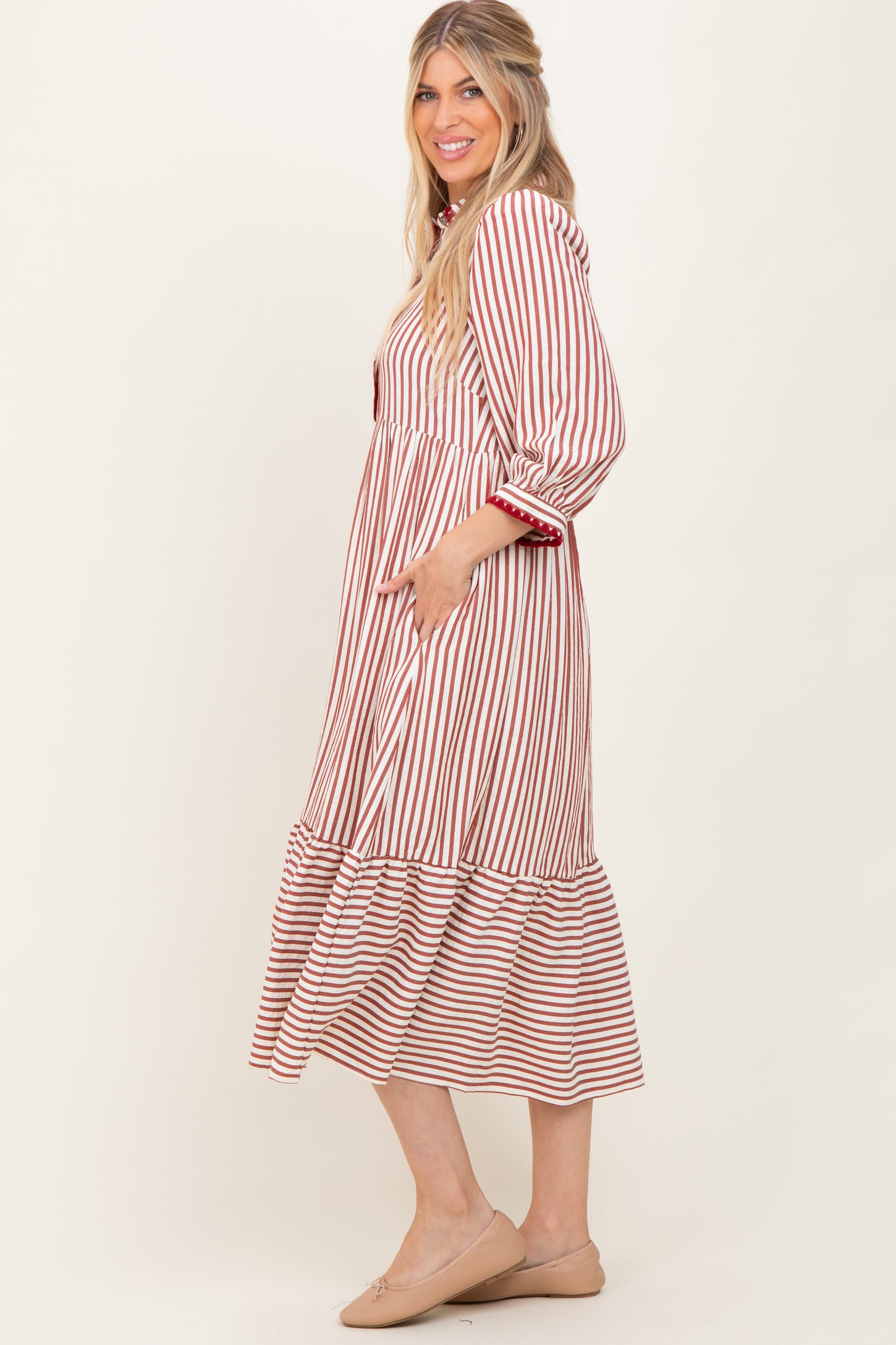 Rust Striped Scallop Trim 3/4 Sleeve Midi Dress