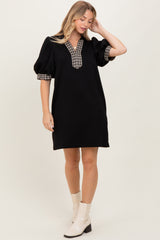 Black Plaid Accent Puff Sleeve Mini Dress