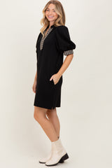Black Plaid Accent Puff Sleeve Mini Dress