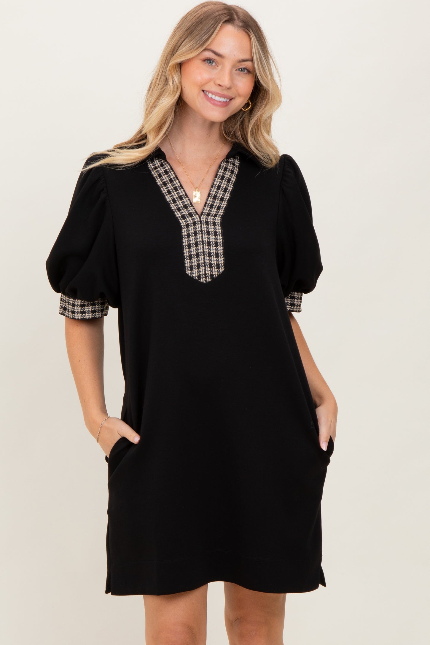 Black Plaid Accent Puff Sleeve Mini Dress PinkBlush Black Plaid Accent Puff Sleeve Mini Dress PinkBlush