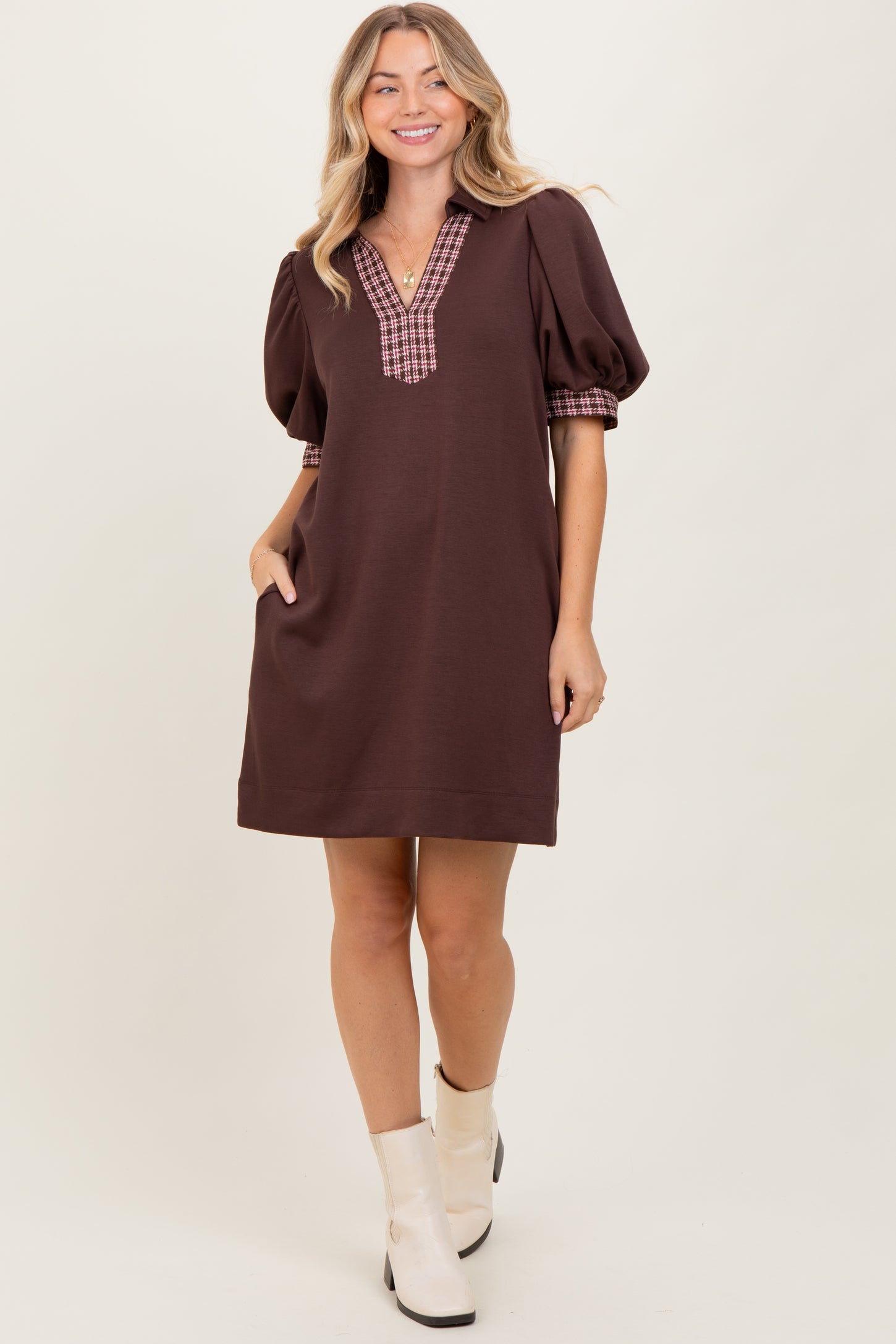 Brown Plaid Accent Puff Sleeve Mini Dress