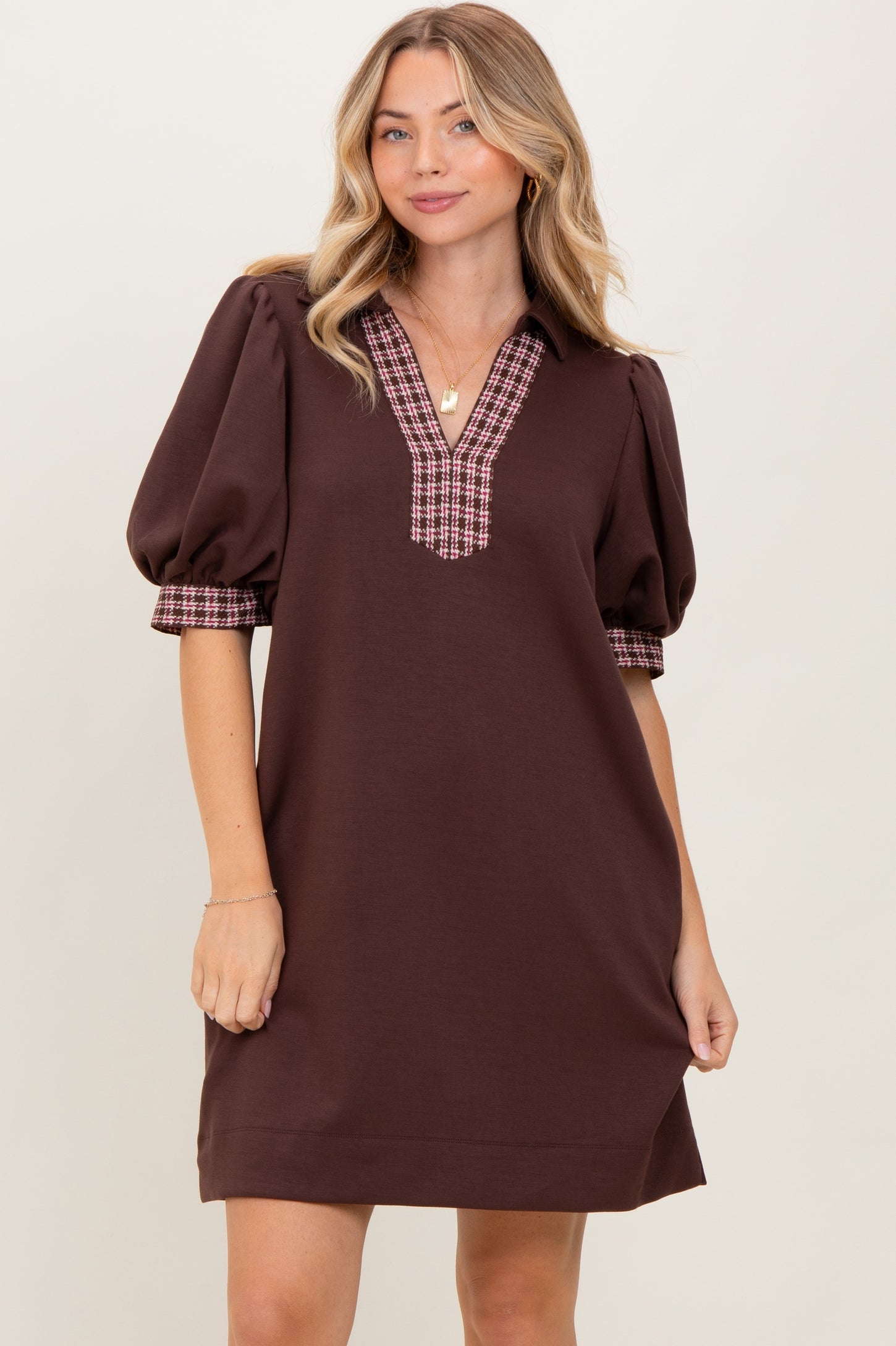 Brown Plaid Accent Puff Sleeve Mini Dress Brown Plaid Accent Puff Sleeve Mini Dress