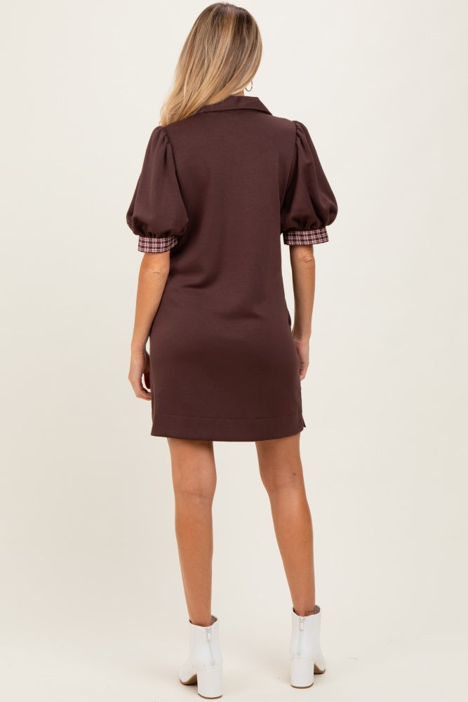 brown plaid mini dress Brown Plaid Accent Puff Sleeve Maternity Mini Dress