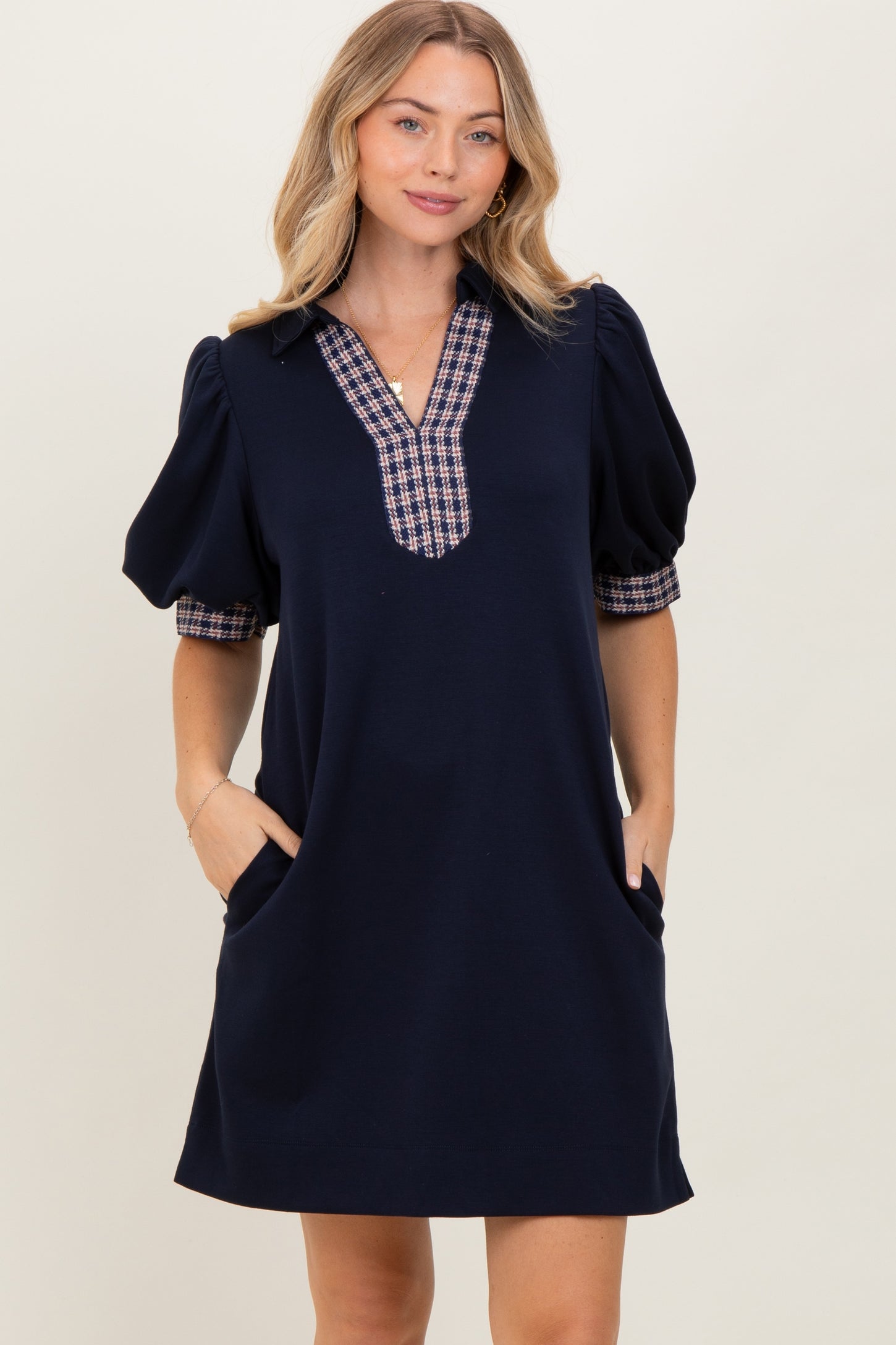 Navy Plaid Accent Puff Sleeve Maternity Mini Dress