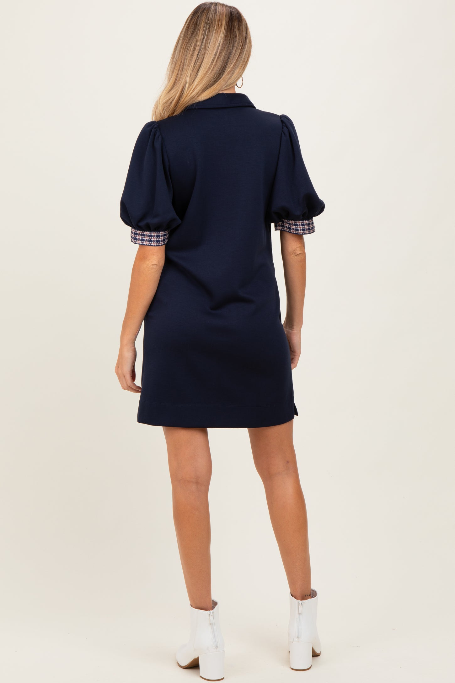 Navy Plaid Accent Puff Sleeve Maternity Mini Dress