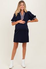 Navy Plaid Accent Puff Sleeve Maternity Mini Dress