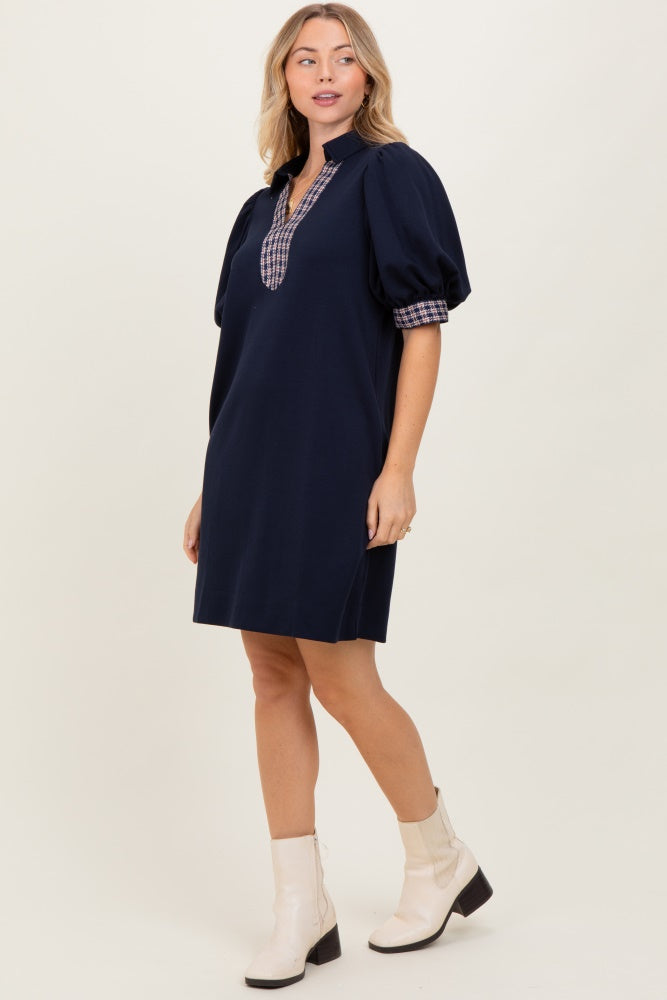 Navy Plaid Accent Puff Sleeve Mini Dress