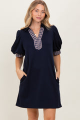 Navy Plaid Accent Puff Sleeve Mini Dress