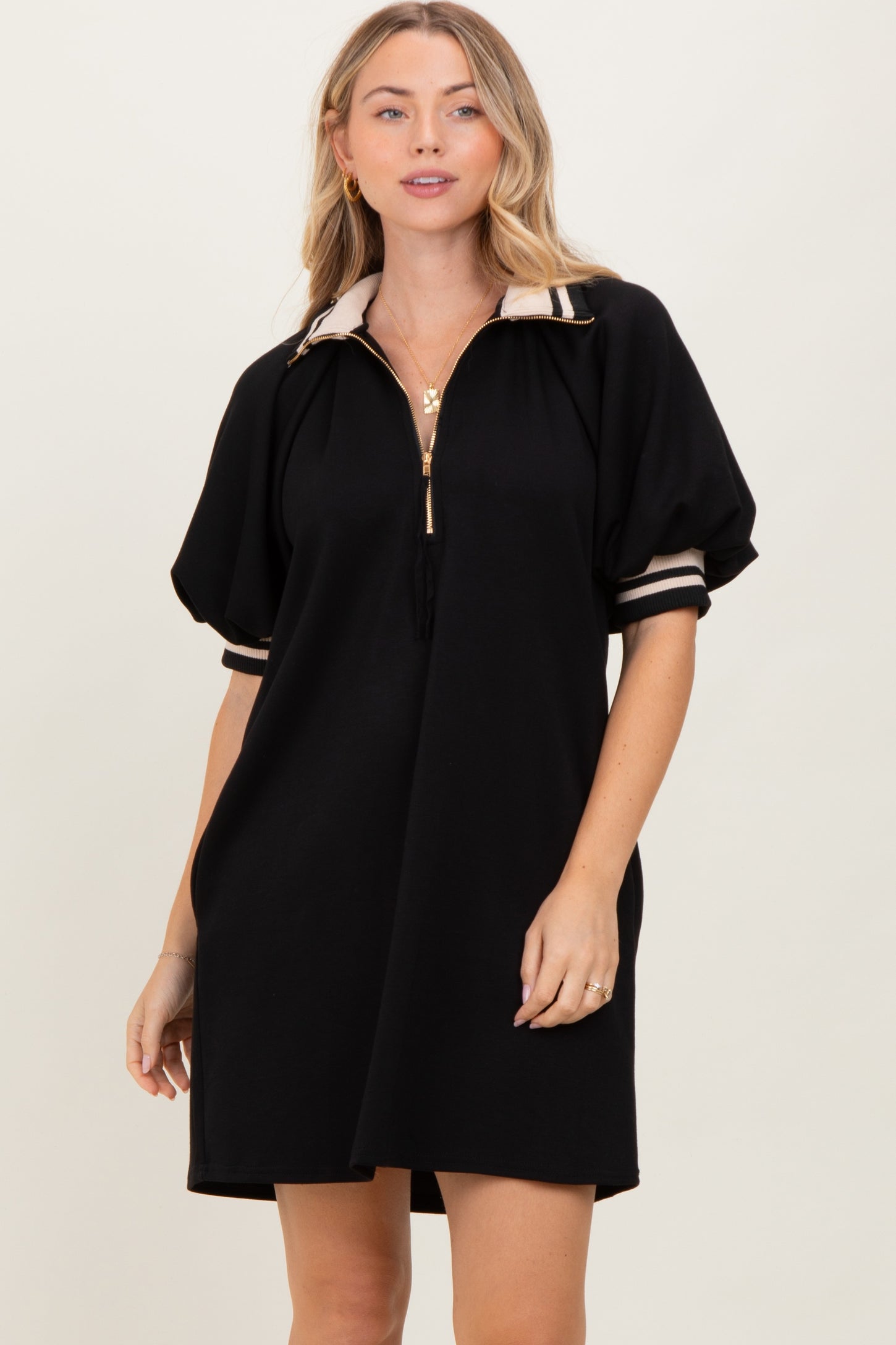 Black Half Zip Puff Sleeve Maternity Mini Dress