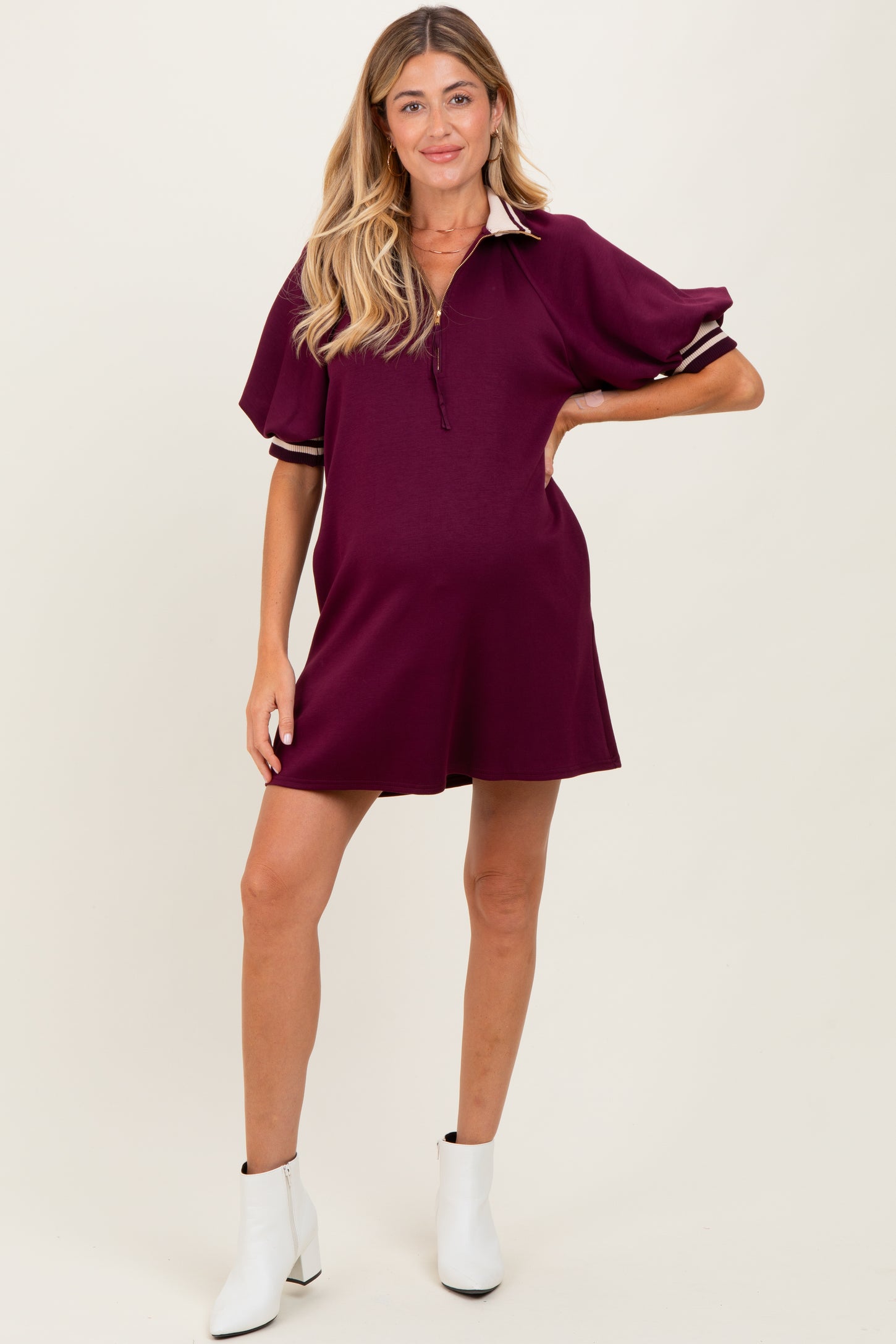 Plum Half Zip Puff Sleeve Maternity Mini Dress Plum Half Zip Puff Sleeve Maternity Mini Dress