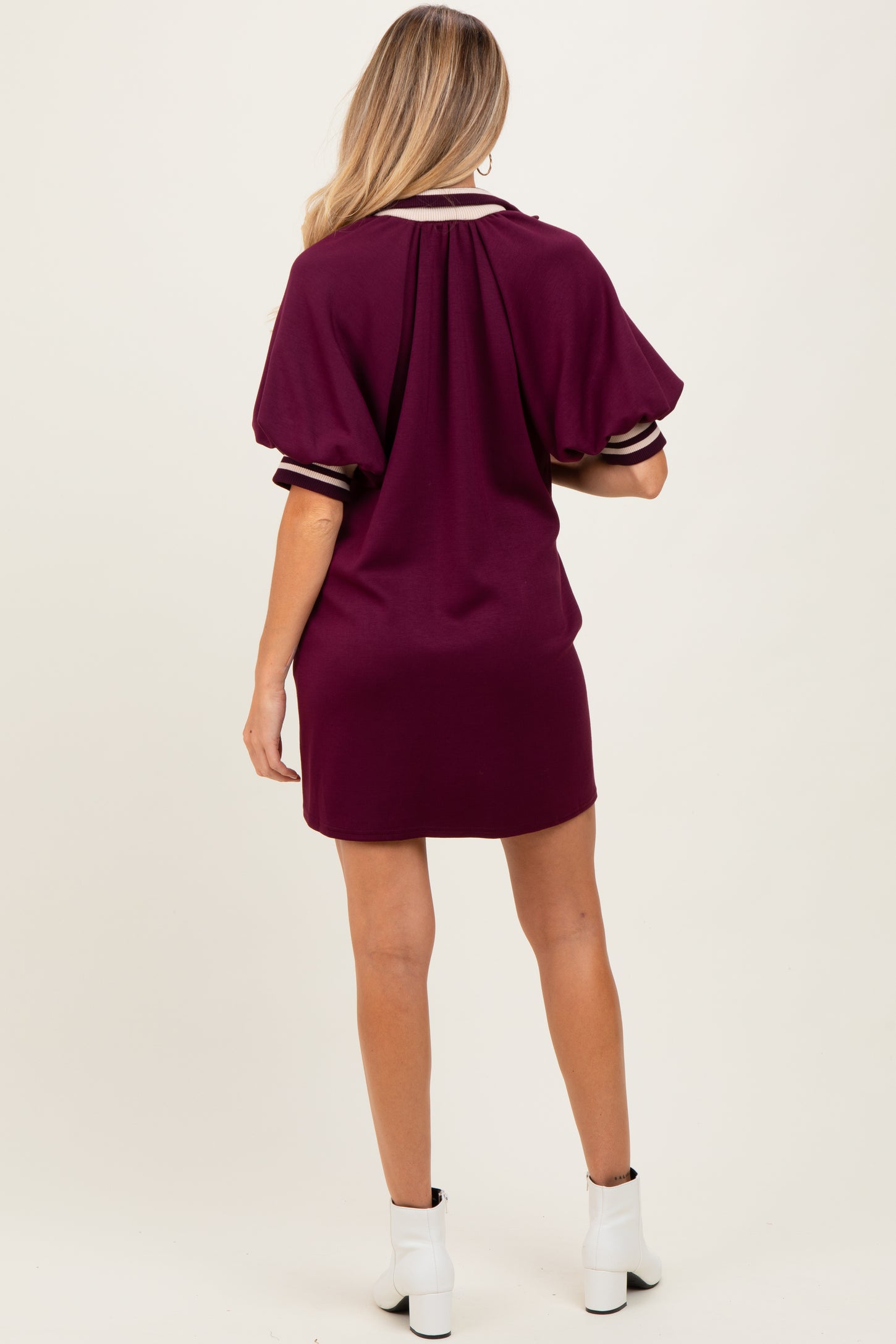 Plum Half Zip Puff Sleeve Maternity Mini Dress