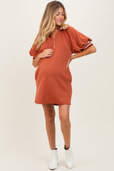 Rust Half Zip Puff Sleeve Maternity Mini Dress