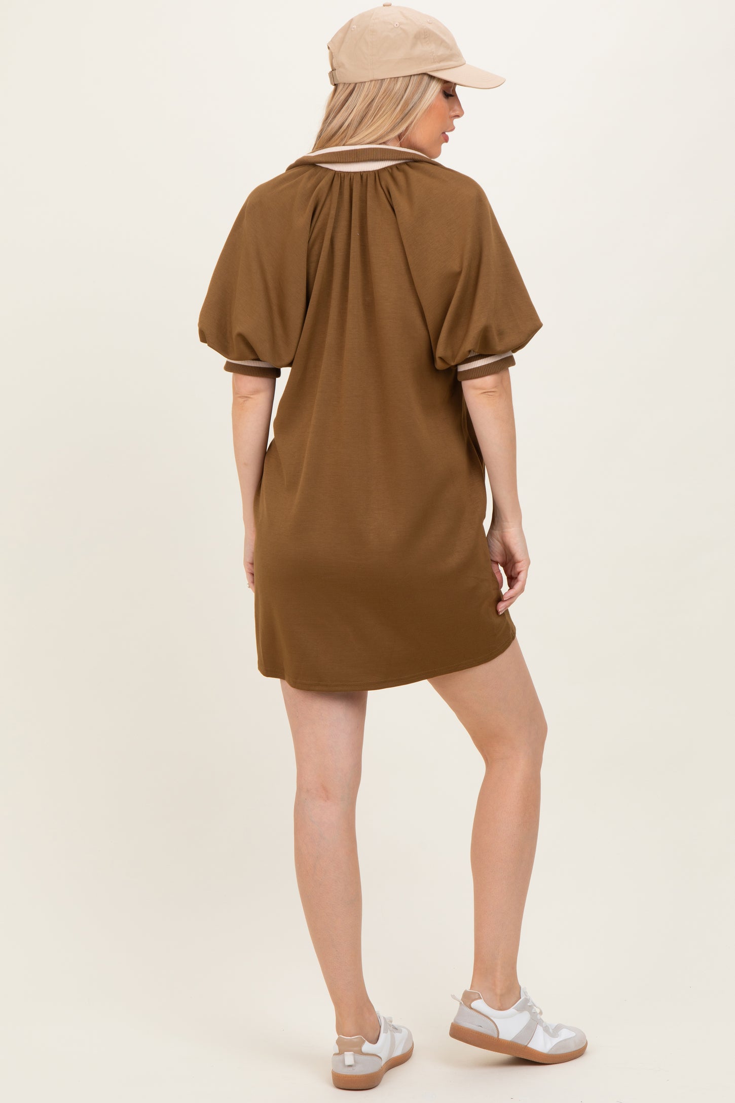 Olive Half Zip Puff Sleeve Mini Dress