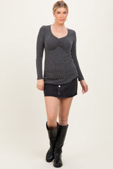 Charcoal Sweetheart Ribbed Long Sleeve Top